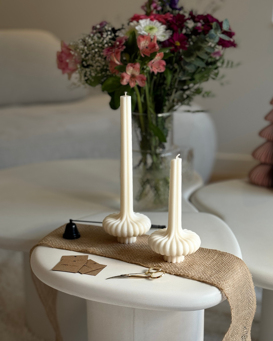 Orchard pillar candle, decorative sculptural candle, elegant soy wax candle, handmade home decor, minimalist tall candle, textured pillar design, neutral interior candle, unscented soy candle, home accent candle, artful wax piece, statement candle, gift for decor lovers, hand-poured wax, cotton wick candle, clean design, ginaladeco