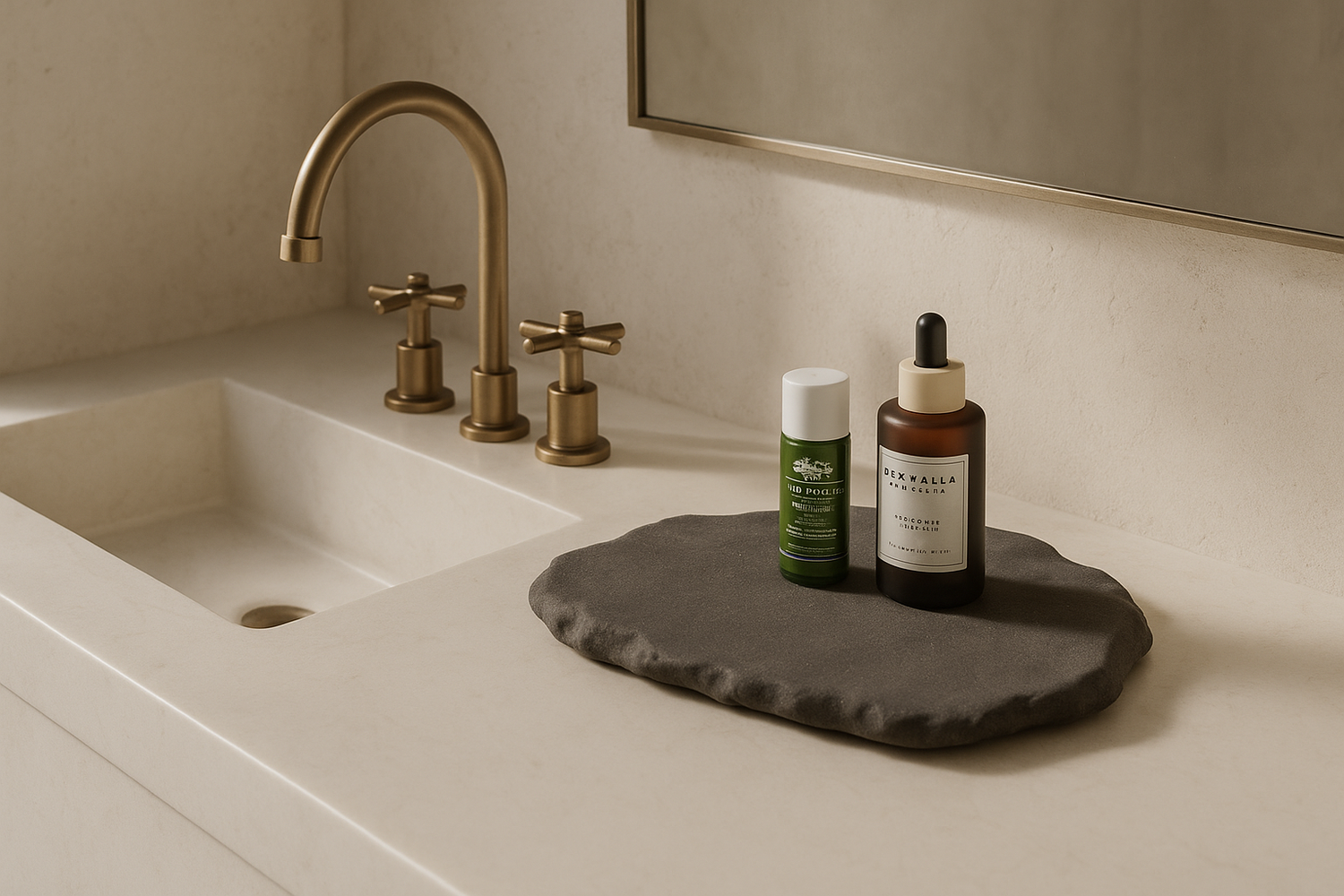 hand-poured micro concrete platter, minimalist serving tray, modern concrete decor, almond beige stone-look finish, versatile decorative tray for everyday objects, functional home decor piece, stylish tray for living room or office, high-quality concrete home accessories, sculptural centerpiece for table or countertop, eco-friendly concrete tray, premium quality home decor, unique serving platter for kitchen or dining room, handmade tray, organization, bold decorative piece for modern homes, ginaladeco