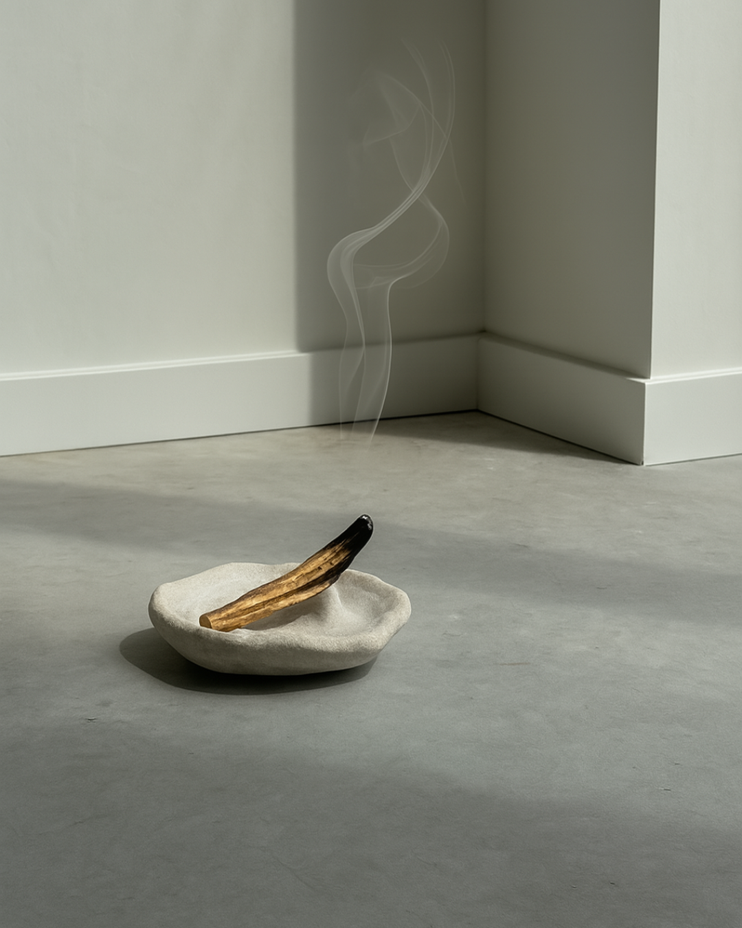 hand-poured micro concrete palo santo dish, modern stone-look finish, minimalist decor for palo santo burning, functional and sculptural home decor, almond beige color, elevated rest for palo santo stick, eco-friendly concrete dish, unique incense holder, contemporary decor for living room or meditation space, high-quality concrete home accessory, handmade dish for spiritual practices, versatile decorative object, premium concrete art piece, stylish and functional gift for wellness lovers, ginaladeco