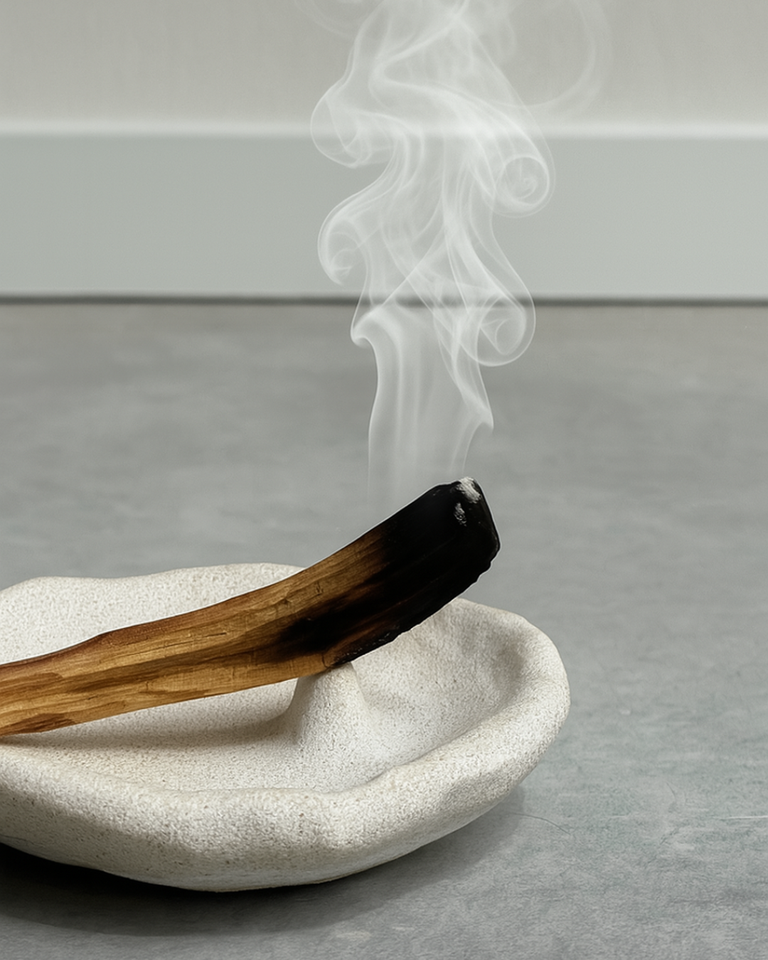 hand-poured micro concrete palo santo dish, modern stone-look finish, minimalist decor for palo santo burning, functional and sculptural home decor, almond beige color, elevated rest for palo santo stick, eco-friendly concrete dish, unique incense holder, contemporary decor for living room or meditation space, high-quality concrete home accessory, handmade dish for spiritual practices, versatile decorative object, premium concrete art piece, stylish and functional gift for wellness lovers, ginaladeco