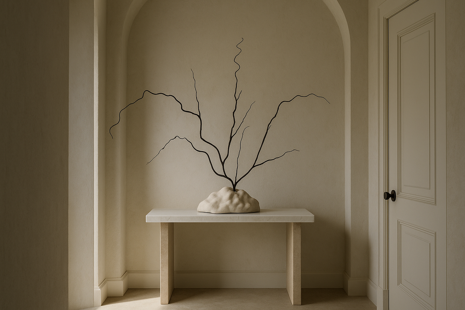 hand-poured micro concrete sculpture, modern minimalist art piece, unique concrete decor, sculptural home accent, almond beige stone-look finish, functional art object, vase for single branch or stem, contemporary decor for living room or office, eco-friendly sculptural piece, high-quality concrete art, handmade decor for modern homes, statement art piece, functional decorative sculpture, versatile decor for floral arrangements, premium home decor, bespoke design sculpture, handmade art for home styling, gi